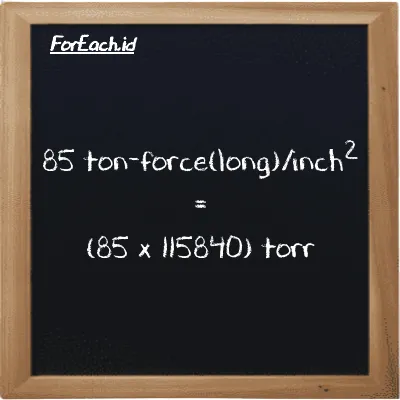 How to convert ton-force(long)/inch<sup>2</sup> to torr: 85 ton-force(long)/inch<sup>2</sup> (LT f/in<sup>2</sup>) is equivalent to 85 times 115840 torr (torr)